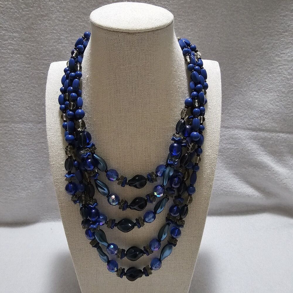 Vintage Blue Multi Strand Beaded Necklace Statement Layered Glass Acrylic Chunky